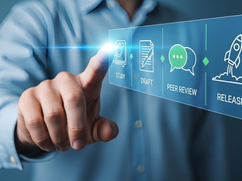 Person touching a digital screen displaying study draft peer review and release icons